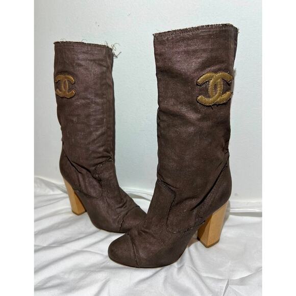 Vintage Chanel Interlocking CC Logo Canvas Boots - Picture 1 of 13
